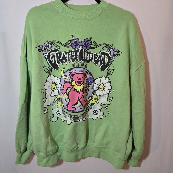 Divided Tops - Grateful Dead Divided Lime Green Oversized Crewneck Sweatshirt 70s Trippy Sz M